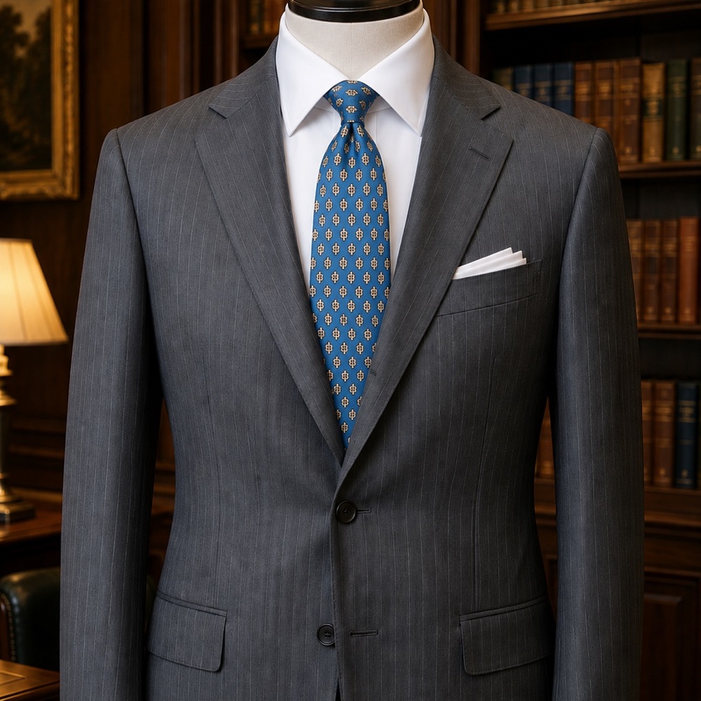 Kiton 14 Micron Summer Weight Suit Slate Blue Suit + Robert Jensen Silk Tie